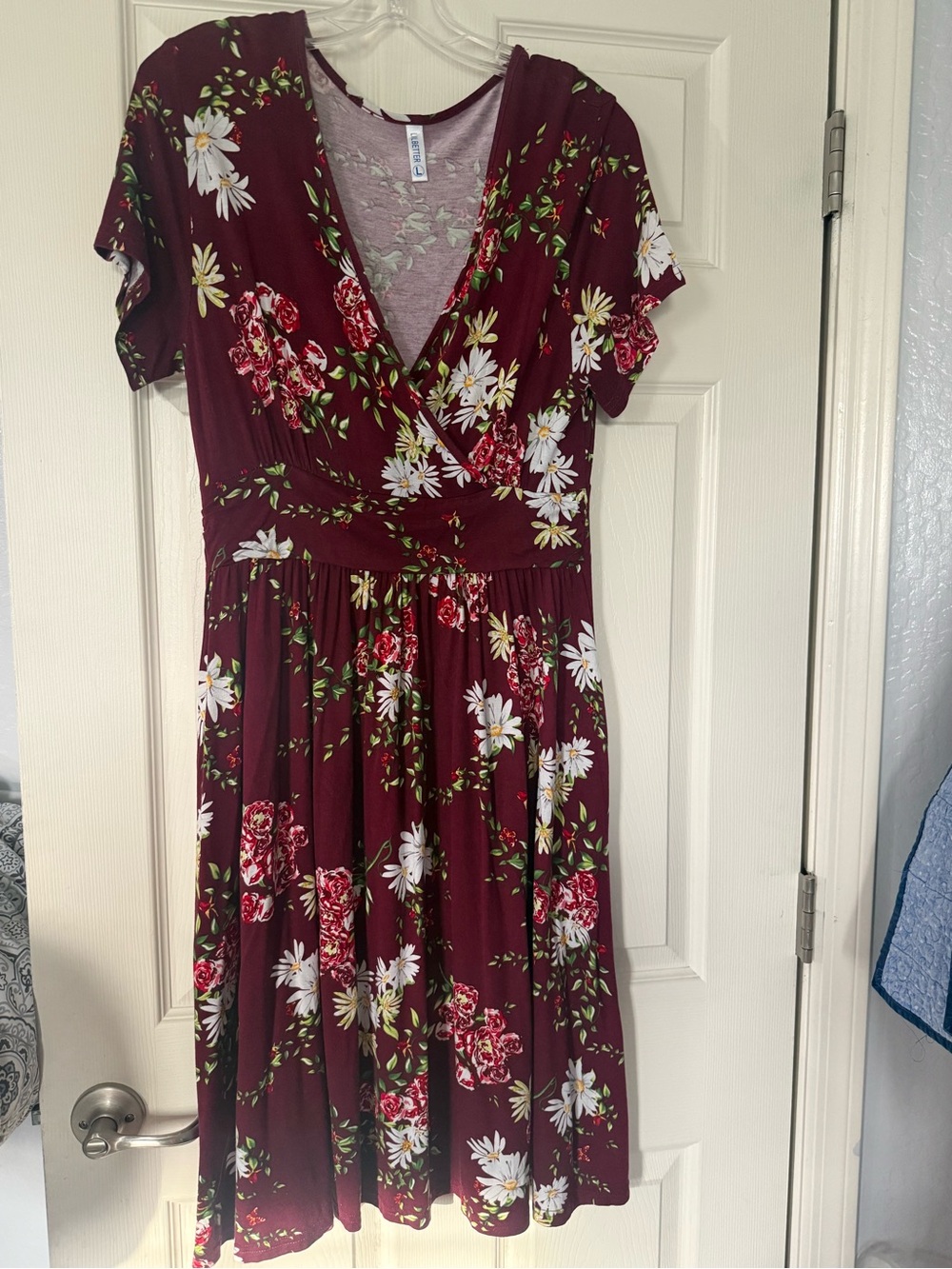Women's Burgundy Floral Wrap Midi Dress